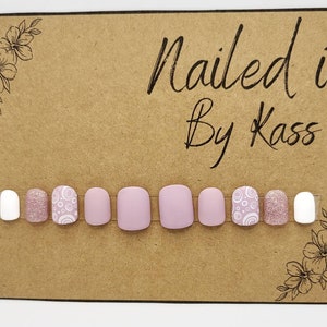 Short square matte purple gel press on nails with white design and glitter made in any size