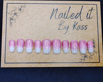 Pink glitter and white glitter ombre gel press on nails in any size or shape.
