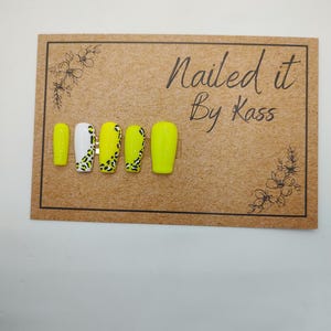 Neon green gel press on nails with cheetah print made in any size or shape.