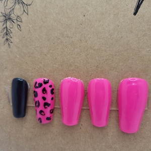 Long pink and black cheetah print gel press on nails made in any shape or size