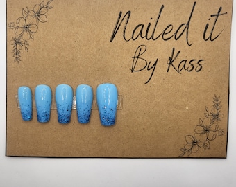Long Blue Glitter French Manicure Coffin Gel Press On Nails