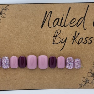 Short square light and dark purple gel press on nails with glitter nails made in custom size. 10 nails included.