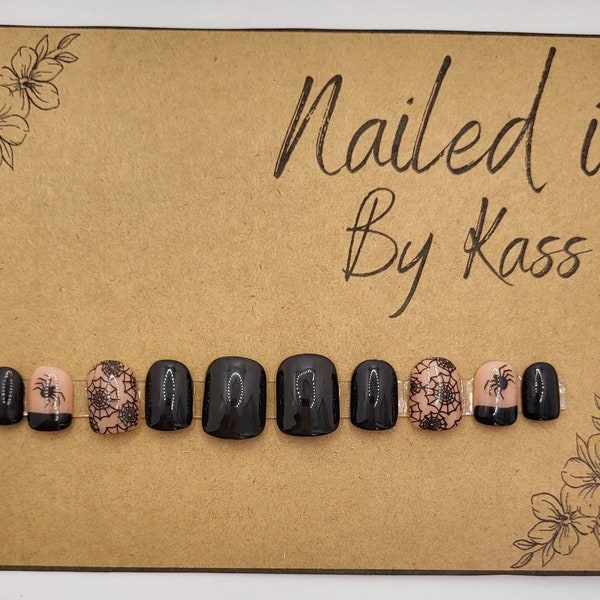 Short square black spider web with spider Halloween gel press on nails in any customized size