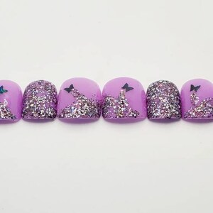 Purple Short Square Glitter Butterfly Gel Press On Nails