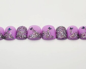 Purple Short Square Glitter Butterfly Gel Press On Nails