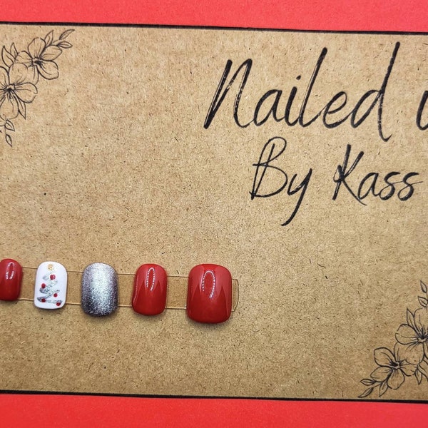 Short square red press on nails with silver red an gold Christmas tree made in custom size and shape.