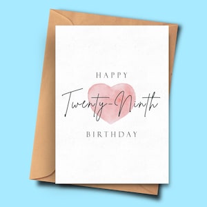 Cartão de aniversário para vigésimo nono aniversário, cartão simples de 29º aniversário, para ele, para ela, madrasta, namorado, marido, namorada, padrasto,
