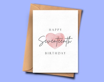 Birthday Card for Seventeenth Birthday, Simple 17th Birthday Card, For Him, For Her, Boyfriend, Sister, Girlfriend, Stepdad, Stepmum card