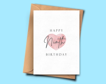 Birthday Card for Ninth Birthday, Simple 9th Birthday Card, For Him, For Her, Husband, Sister, Stepmum, Partner, Friend, Stepdad, bestfriend