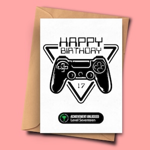 Carte de 17ème anniversaire pour gamer dix-septième carte d’anniversaire pour lui pour elle, meilleur ami, carte d’anniversaire de jeux vidéo, carte d’anniversaire de joueur