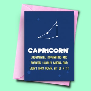 Cartão de aniversário engraçado janeiro, cartão do horóscopo de Capricórnio, cartão de aniversário de amigo, cartão de signo rude, cartão de signo do zodíaco, cartões engraçados para adultos ela
