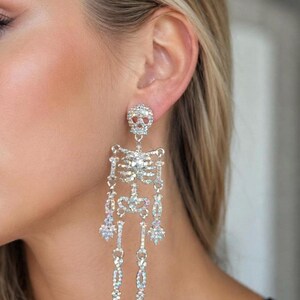 Halloween Earrings Iridescent Skeleton Earrings Rhinestone Halloween Costume Jewelry image 2