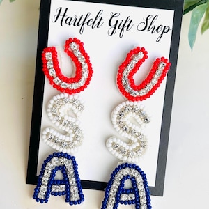USA Earrings Patriotic Earrings Red White Blue Earrings Memorial Day Earrings July 4th Earrings Summer Eartings USA Bead Earrings America