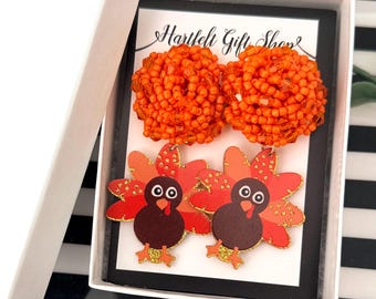 Turkey Earrings with Bead Topper Thanksgiving Earrings Thanksgiving Jewelry