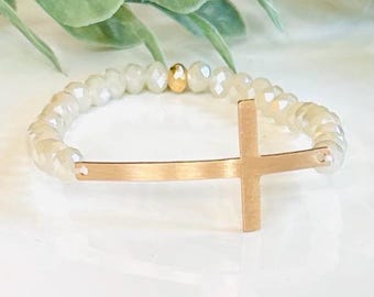Pulsera de cruz de oro con cuentas neutras, pulsera de cruz de oro, regalo religioso, regalo cristiano