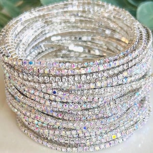 Iridescent Rhinestone Bracelets Silver Rhinestone Stretch Bracelet Set Tennis Bracelets Set of 6