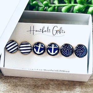 Nautical Stud Earrings For Her Summer Earrings Beach Gift Boat Lover Gift Boat Life Beach Life Navy Blue Earrings Anchor Earrings Polka Dot