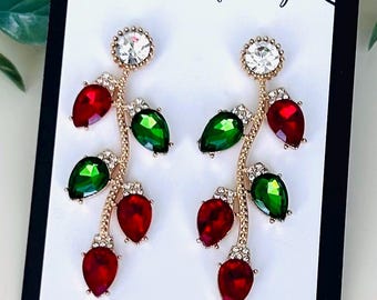 Christmas Earrings Gold Christmas Earrings Red Green Holiday Earrings Christmas Party Earrings Rhinestone Earrings