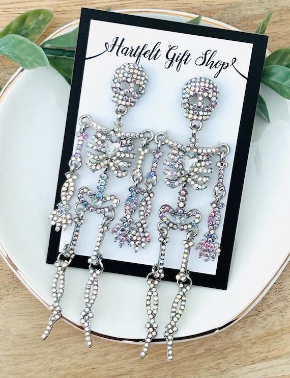 Halloween Earrings Iridescent Skeleton Earrings Rhinestone Halloween Costume Jewelry