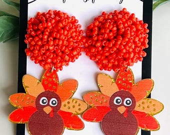 Turkey Earrings Thanksgiving Earrings Orange Bead Turkey Acrylic Earrings Thanksgiving Hostess Earrings Thanksgiving Earrings for Her