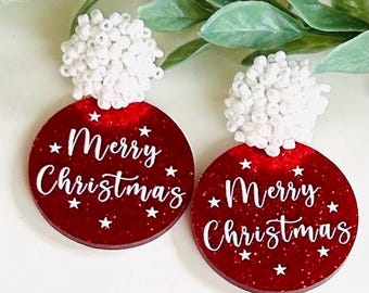 Merry Christmas Earrings with Bead Post Red Christmas Earrings Christmas Bead Earrings Christmas Roomd Red Earrings