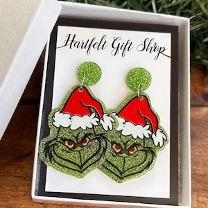 Christmas Earrings Santa Hat GR1NCH Earrings Green Face Earrings Christmas Jewelry Party Earrings Gift Exchange
