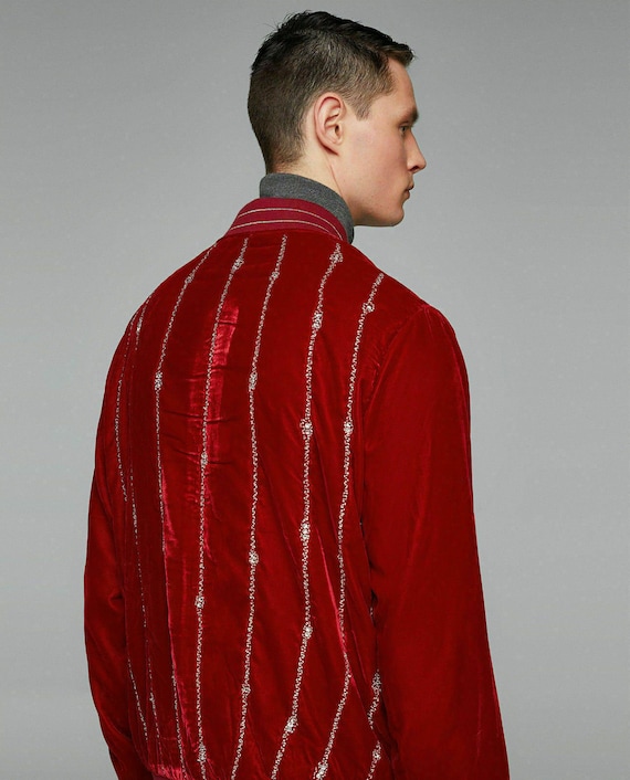 hombre burdeos Velvet Bomber Chaqueta tamaño Medio ref. - Etsy México