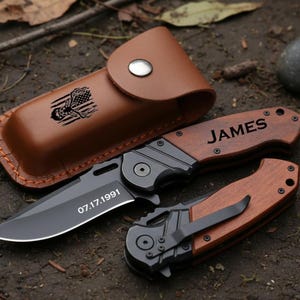 Personalized Pocket Knife, Custom Leather Sheath Knife, Engraved Knife, Gift for him unique, Engraved Hunting Accessory