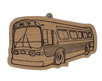 GM Fish Bowl New Look T6H Christmas ornament city bus laser-cut Ash wood