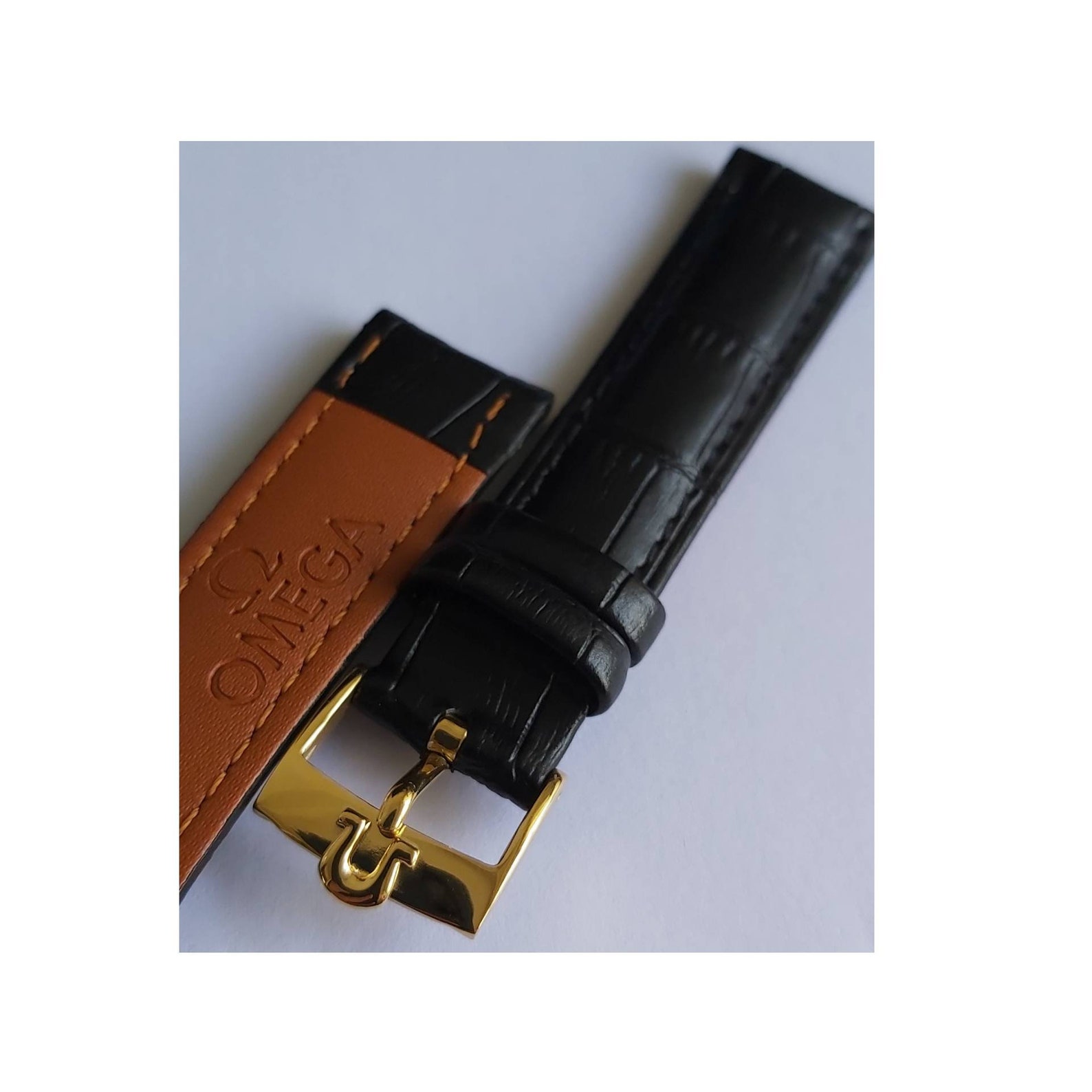 18mm black leather bracelet omega watch band w gold plated Etsy