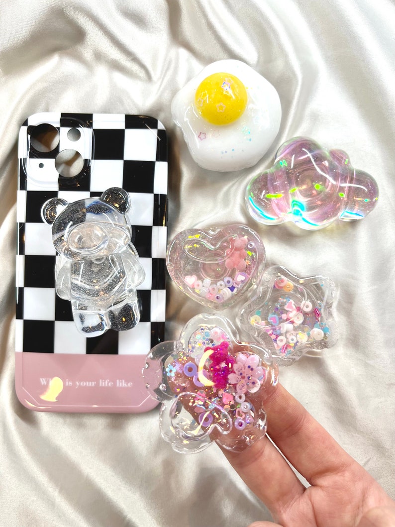 Simple Clear, Hologram, Custom, Colorful Gummy Bear, Cloud, Egg shape, Heart, Sakura, Star, Shaker Pop socket, phone holder, Phone grip 