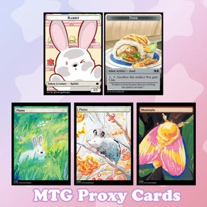 May include: A collection of MTG proxy cards featuring whimsical illustrations. One card depicts a winking white rabbit, another a sushi roll, and others show a rabbit in a field, a mouse, and a moth. The text "MTG Proxy Cards" is at the bottom.