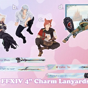 FFXIV NPC Charms & Lanyard combo | 4” Charm and 2cm Holographic Wrist Lanyard | Estinien, G’raha Tia, Y’shtola Rhul, Haurchefant Greystone