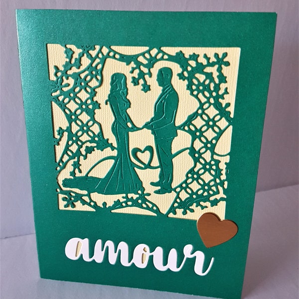 Wedding Card, Handmade Green and Yellow Card, Card Showing Couple in Arbor, Optional Personalized Message Inside