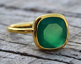 Green Onyx Ring / Sterling Silver Ring / 10 mm Cushion Ring / Handmade Ring/ Promise Ring / Natural Gemstone Ring/ Beautiful Rings for Women