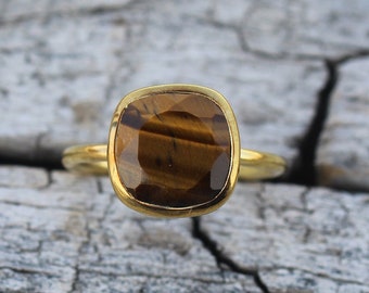 Natural Tiger&#39;s Eye Ring - Sterling Silver Ring - 10 mm Cushion Ring - Gemstone Ring - Ring For Women - Dainty Ring - Gold Plated Ring