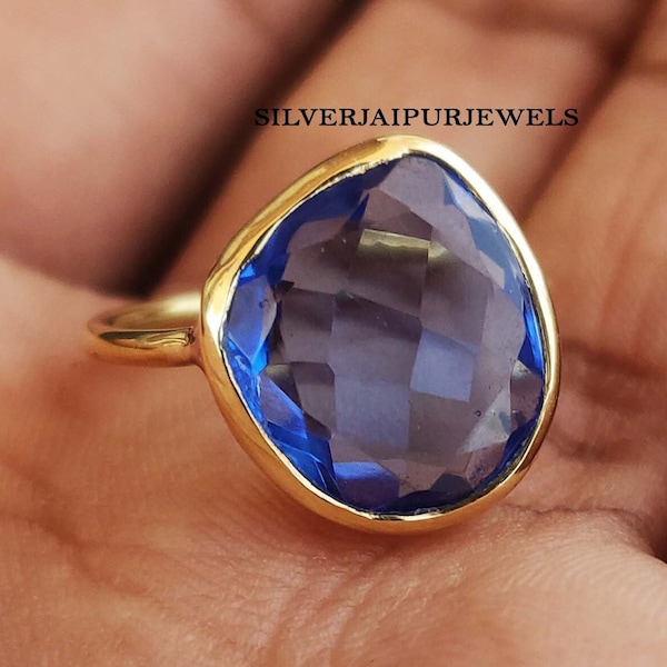 Blue Sapphire Quartz Ring, Sterling Silver Ring, Handmade Ring, Gemstone Ring, Ring For Her, Statement Ring, Blue Sapphire Ring, Free Ship
