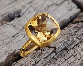 Natural Citrine Ring, Sterling Silver Ring, 10 mm Cushion Gemstone Ring, Stackable Ring, Handmade Ring, November Birthstone Ring, Ring Gift