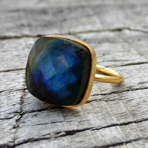 Ring labradoriet, blauwe glans edelsteenring, 925 sterlingzilver natuurlijke edelsteenring, 12 mm kussen edelsteenring, stapelbare ring