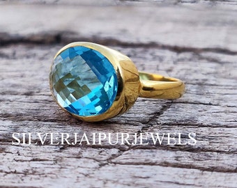 Blue Topaz Quartz Ring, Sterling Silver Ring, 12x16 mm Oval Gemstone Ring, Handmade Ring, Ring for Women, Christmas Gift, Promise Ring