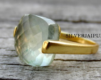 Green Amethyst Ring, 925 Sterling Silver Ring, 12 mm Cushion, Statement Ring, Gemstone Ring, Valentines Day Gift,Ring For Women,Promise Ring