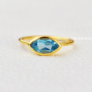 Blue Topaz Ring, 925 Sterling Silver Ring, Gold Plated Ring, Silver Stackings, Handmade Ring, Marquise Gemstone Ring, Promise Ring,Free Ship