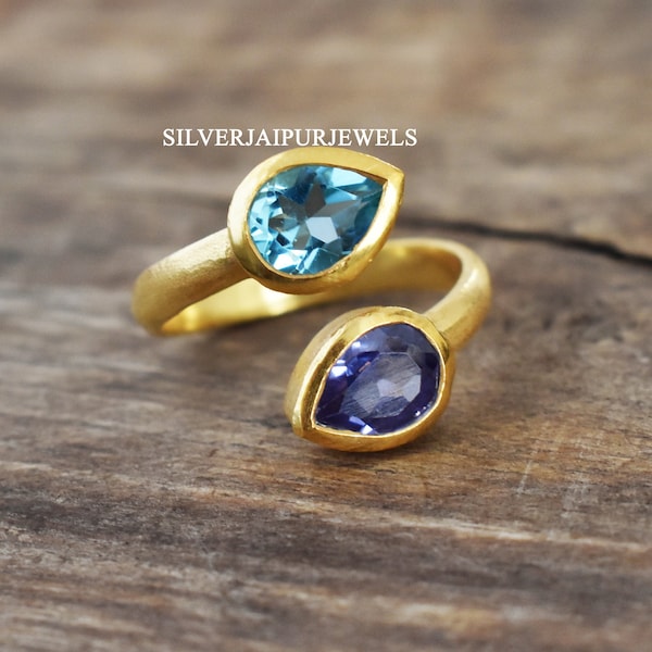 Anel ajustável de quartzo com topázio azul e tanzanita - Anel de prata esterlina - Anel ajustável aberto - Anel de coquetel - Anel de proposta - Anel de casamento