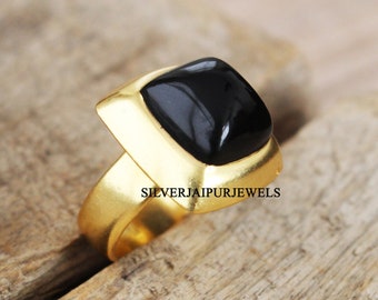 Natural Black Onyx Ring, 925 Sterling Silver Ring, Cushion Gemstone Ring, Statement Ring, Gold Plated Ring, Natural Onyx Silver Jewelry