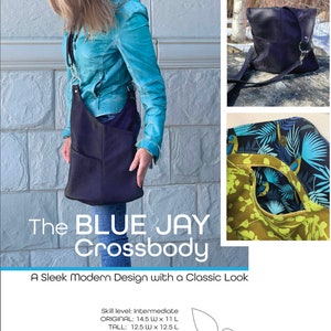 May include: A black leather crossbody bag with a sleek modern design. The bag has a magnetic closure, adjustable shoulder strap, and front and back exterior pockets. The bag is available in three sizes: Original (14.5 inches wide x 11 inches long), Tall (12.5 inches wide x 12.5 inches long), and Grande (16.5 inches wide x 12.5 inches long).