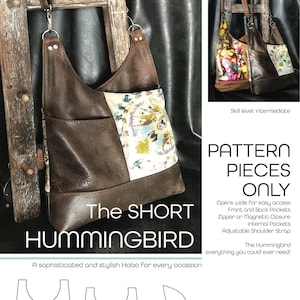 以下が含まれることがあります： 「The Short Hummingbird」と呼ばれる茶色の革製のホボバッグの縫製パターンです。このパターンには、バッグのレギュラーバージョンとショートバージョンの作り方の説明が含まれています。このパターンは、中級レベルのスキル向けです。