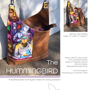 May include: A brown leather hobo bag with a colorful fabric lining featuring a repeating pattern of Buddha faces. The bag has a zipper closure, pockets, and an adjustable shoulder strap. The bag is called "The Hummingbird" and is described as a sophisticated and stylish hobo for every occasion.