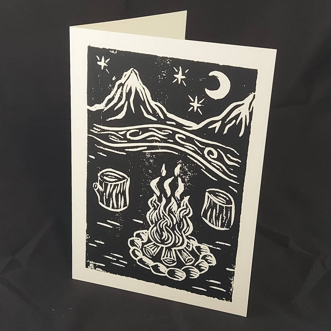 Linocut Notes 5 Hand Linocut Blockprint Note Cards: Mountain Campfire - Etsy
