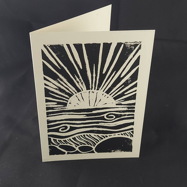 5 hand linocut blockprint note cards: seaside sun