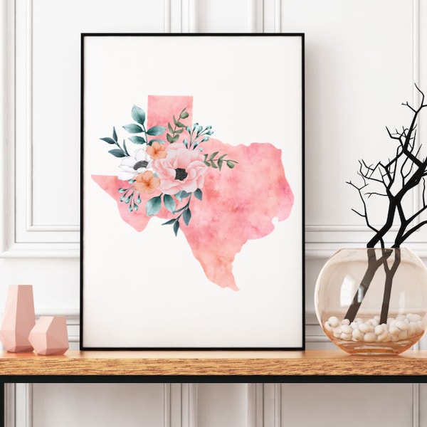 Texas Premium Matte posters, Texas watercolor floral poster Texas state wall art print Texas home state print Texas home decor Texas poster